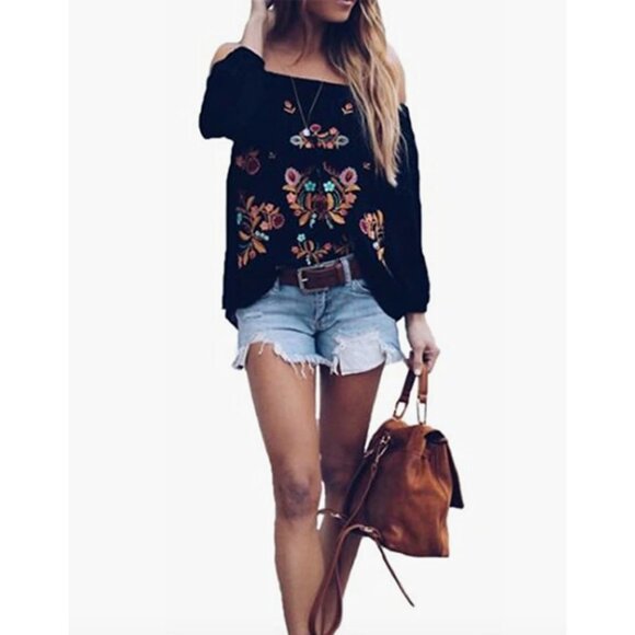 Black Floral Embroidered‎ Off Shoulder Long Sleeve Oversize Boho Top Blouse - Picture 6 of 9